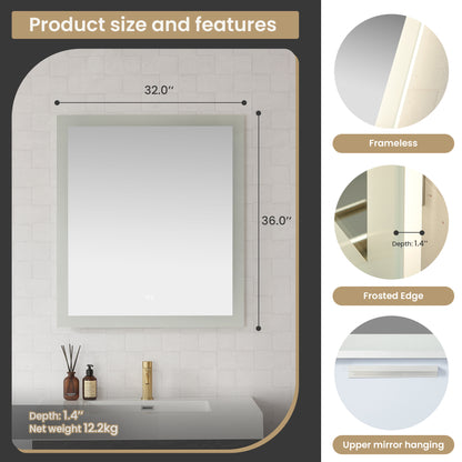 Vinnova, Beijing 32 in. W x 36 in. H Rectangular Acrylic Frameless LED Wall Mount Bathroom Vanity Mirror
