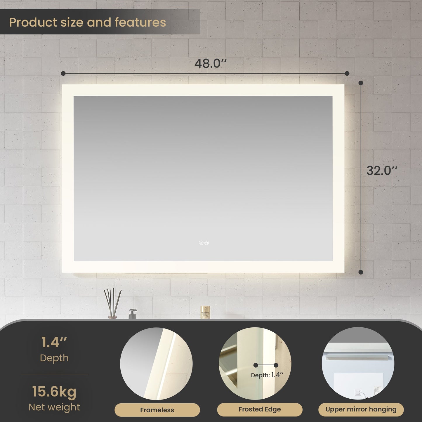 Vinnova, Beijing 48 in. W x 32 in. H Rectangular Acrylic Frameless LED Wall Mount Bathroom Vanity Mirror