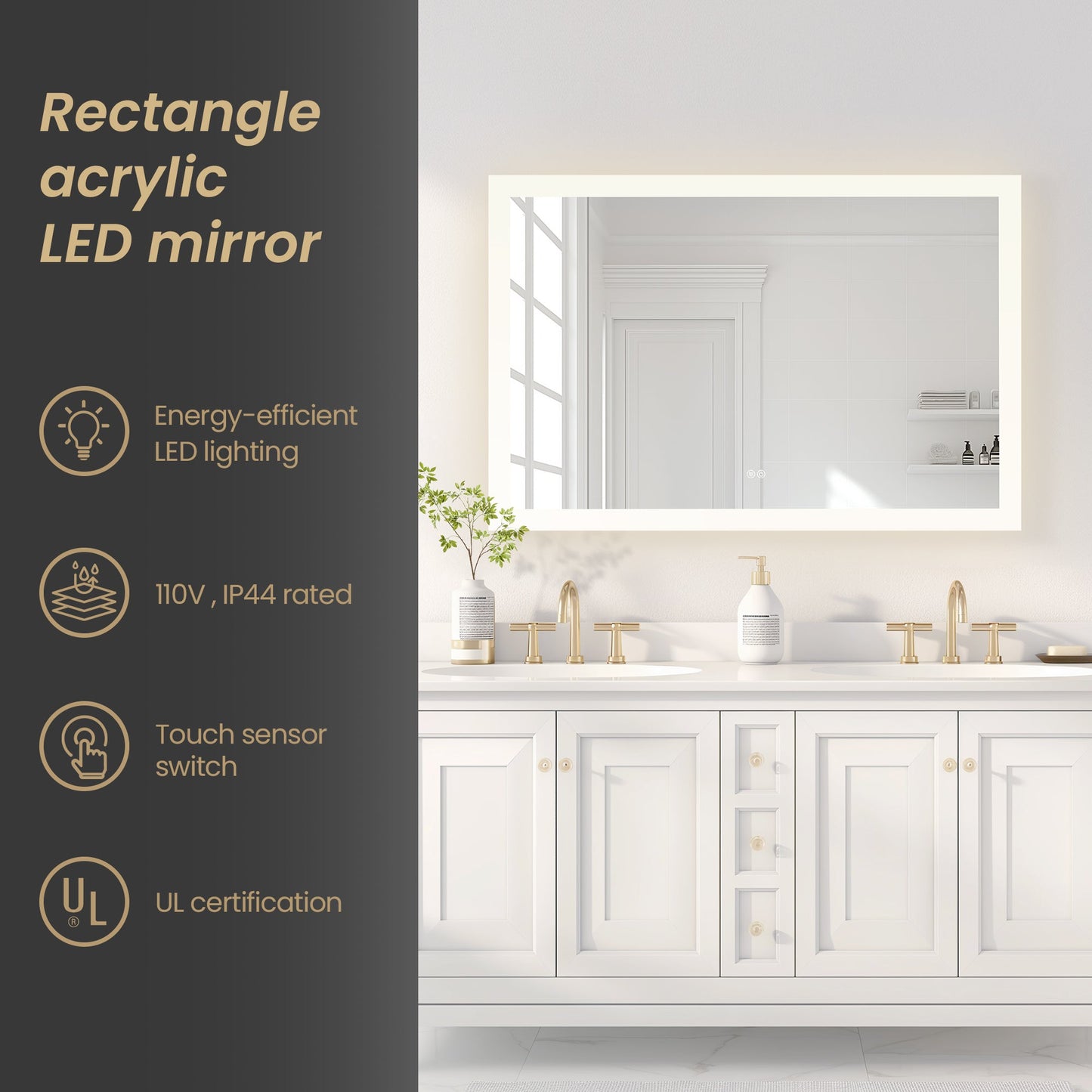 Vinnova, Beijing 48 in. W x 32 in. H Rectangular Acrylic Frameless LED Wall Mount Bathroom Vanity Mirror