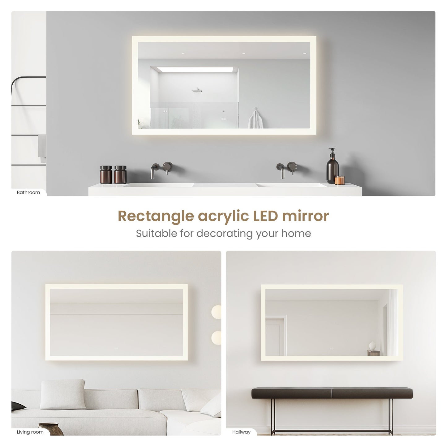 Vinnova, Beijing 60 in. W x 32 in. H Rectangular Acrylic Frameless LED Wall Mount Bathroom Vanity Mirror