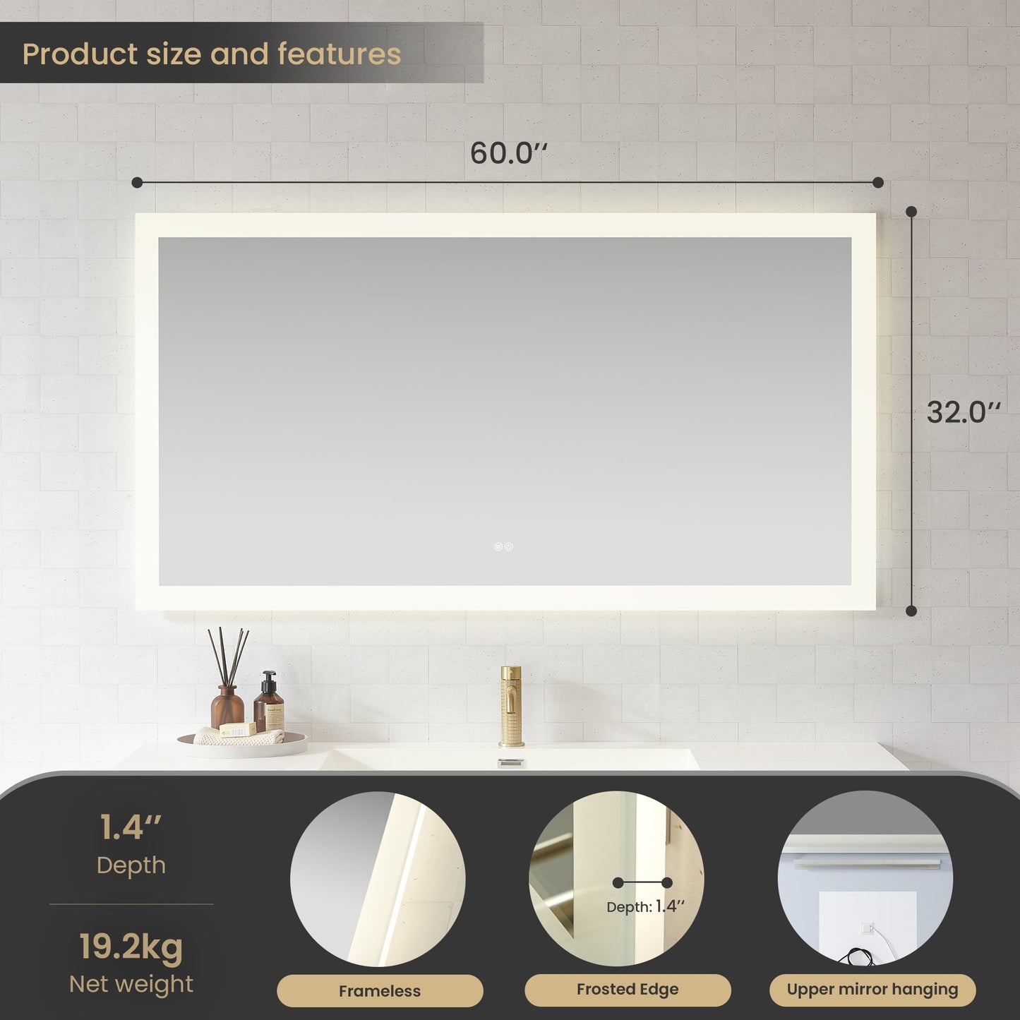 Vinnova, Beijing 60 in. W x 32 in. H Rectangular Acrylic Frameless LED Wall Mount Bathroom Vanity Mirror