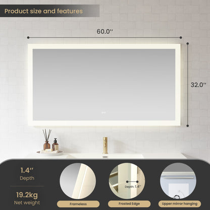 Vinnova, Beijing 60 in. W x 32 in. H Rectangular Acrylic Frameless LED Wall Mount Bathroom Vanity Mirror
