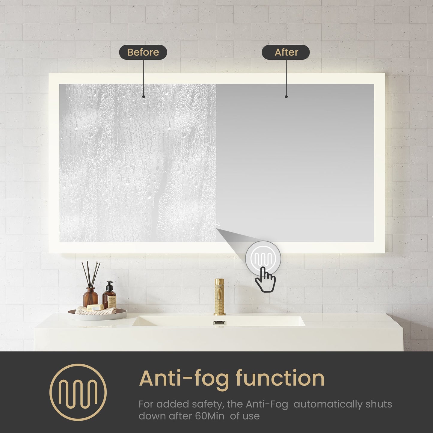 Vinnova, Beijing 60 in. W x 32 in. H Rectangular Acrylic Frameless LED Wall Mount Bathroom Vanity Mirror