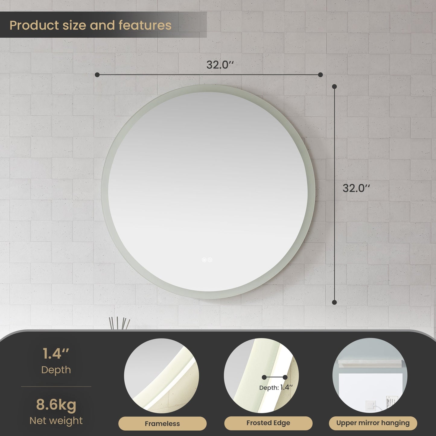 Vinnova, Moscow 32 in. W x 32 in. H circular Aluminum Frameless LED Wall Mount Bathroom Vanity Mirror