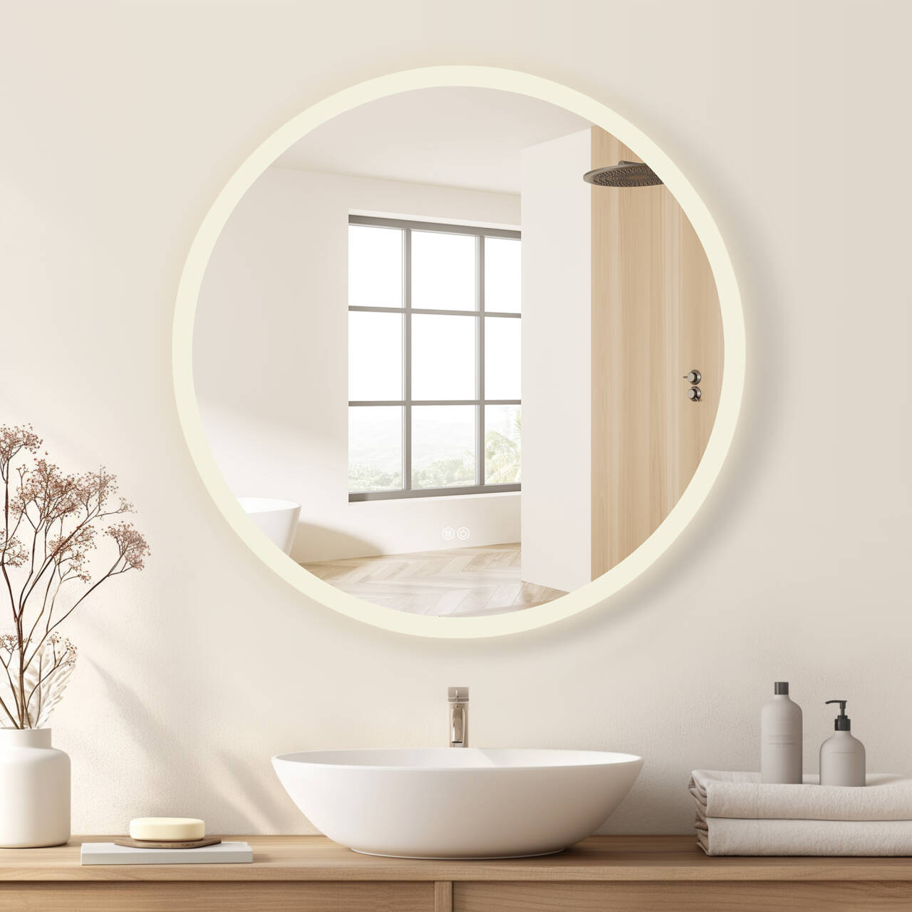 Vinnova, Moscow 32 in. W x 32 in. H circular Aluminum Frameless LED Wall Mount Bathroom Vanity Mirror
