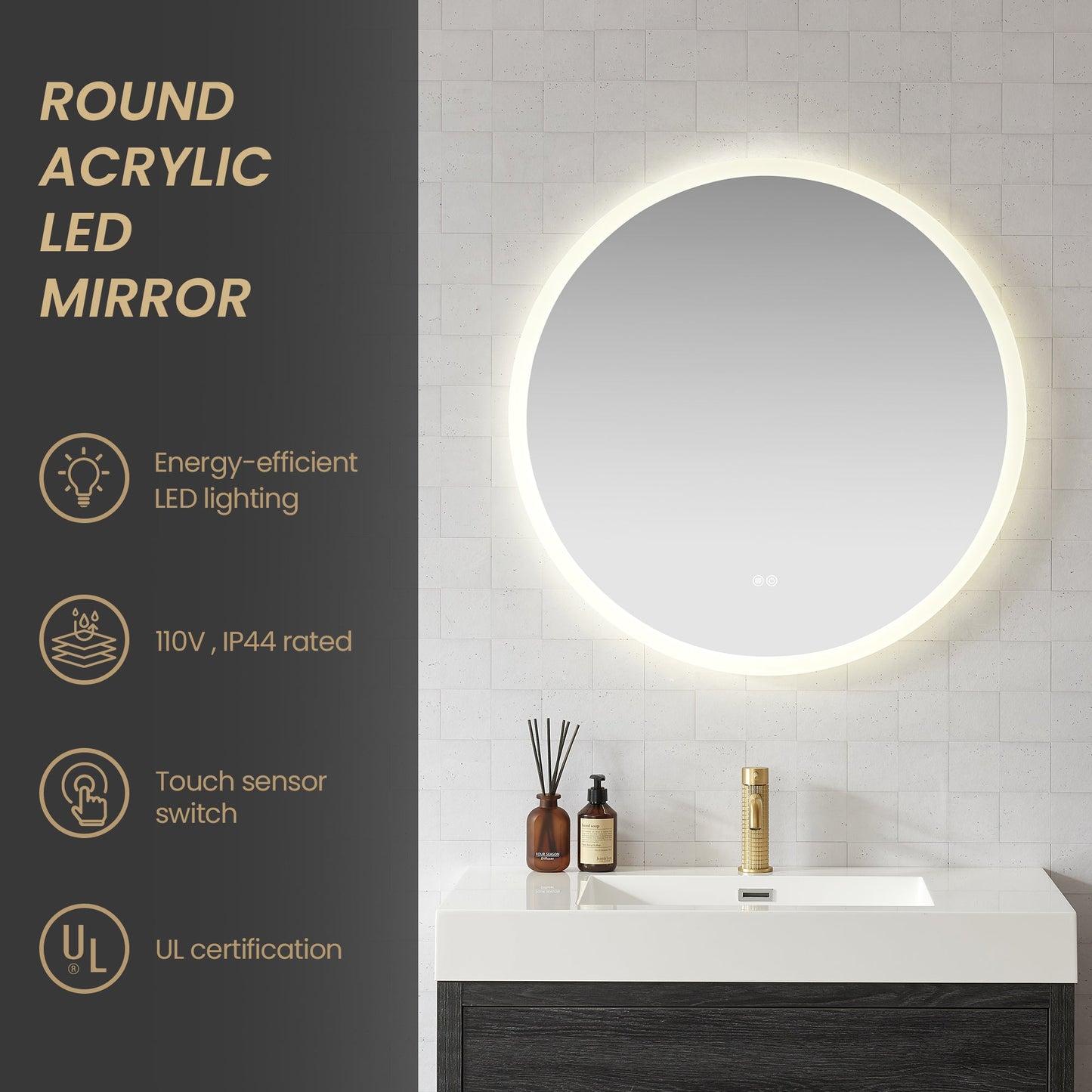 Vinnova, Moscow 32 in. W x 32 in. H circular Aluminum Frameless LED Wall Mount Bathroom Vanity Mirror