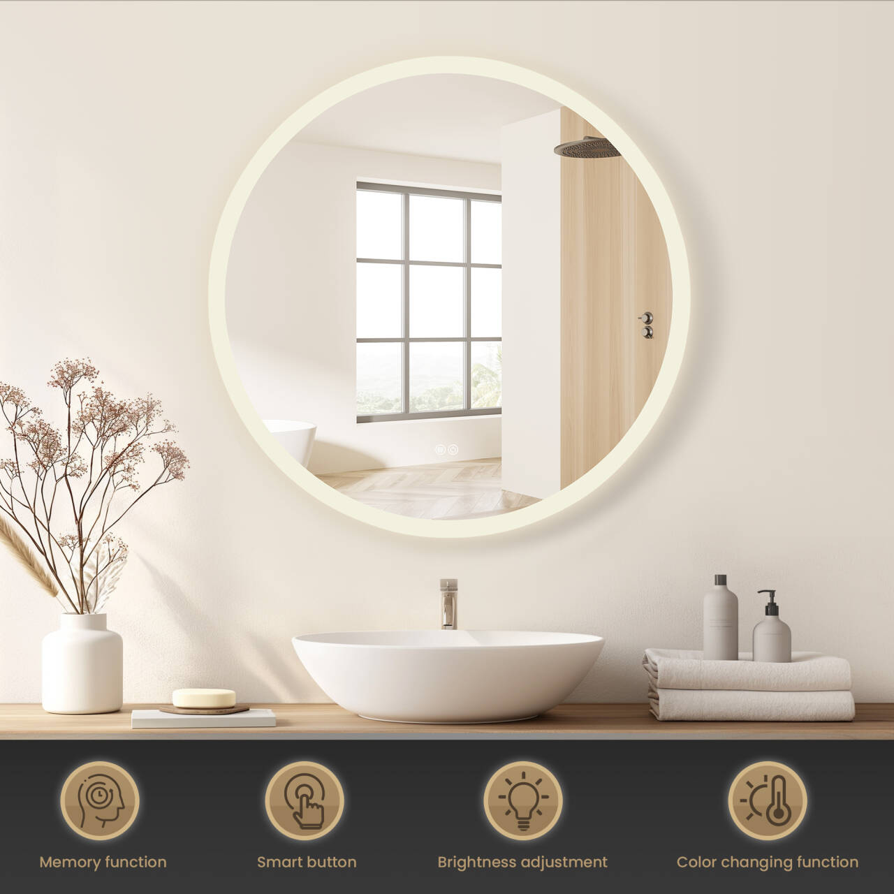 Vinnova, Moscow 32 in. W x 32 in. H circular Aluminum Frameless LED Wall Mount Bathroom Vanity Mirror