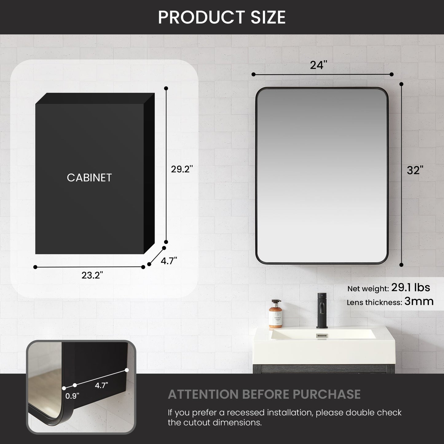 Vinnova, Talayuela 24 in. W x 32 in. H Rectangular Aluminum Framed Medicine Cabinet in Brushed Black