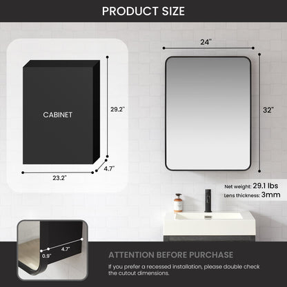 Vinnova, Talayuela 24 in. W x 32 in. H Rectangular Aluminum Framed Medicine Cabinet in Brushed Black