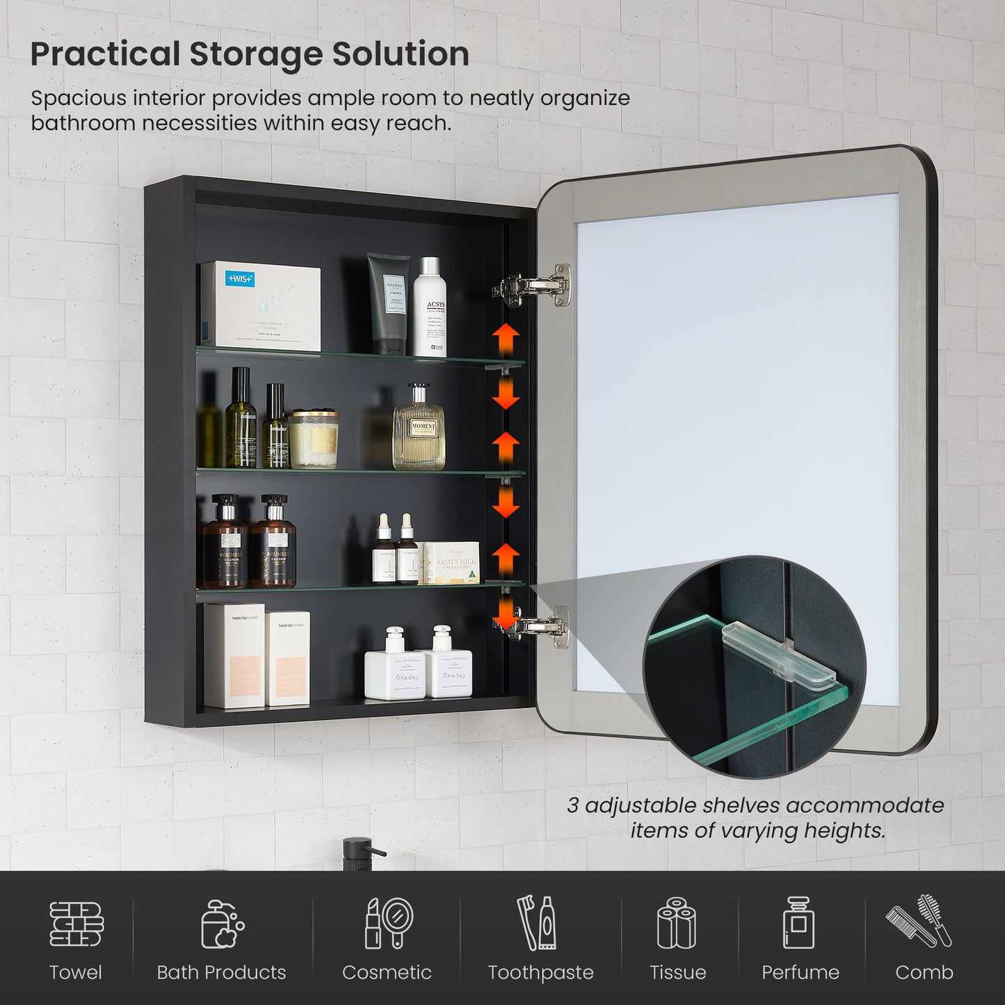 Vinnova, Talayuela 24 in. W x 32 in. H Rectangular Aluminum Framed Medicine Cabinet in Brushed Black