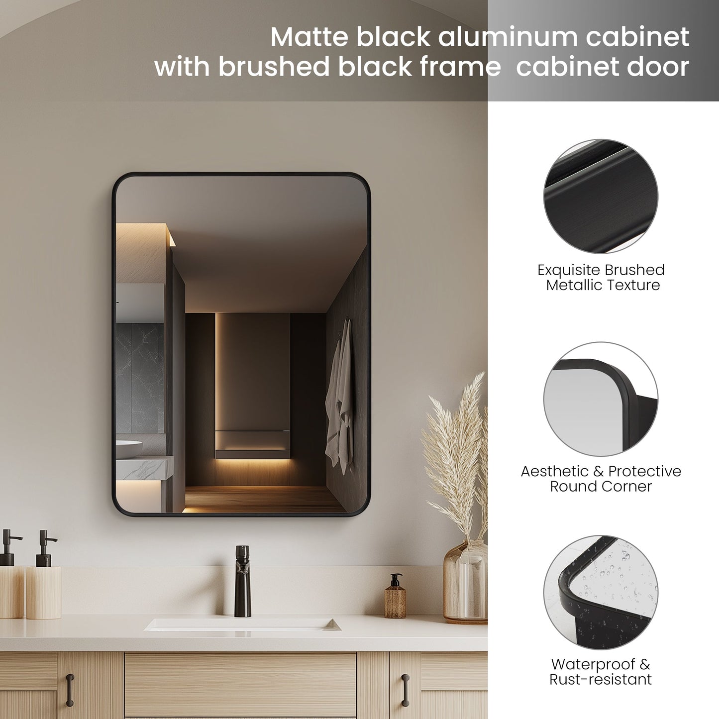 Vinnova, Talayuela 24 in. W x 32 in. H Rectangular Aluminum Framed Medicine Cabinet in Brushed Black