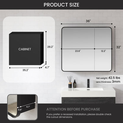 Vinnova, Talayuela 36 in. W x 32 in. H Rectangular Aluminum Framed Medicine Cabinet in Brushed Black