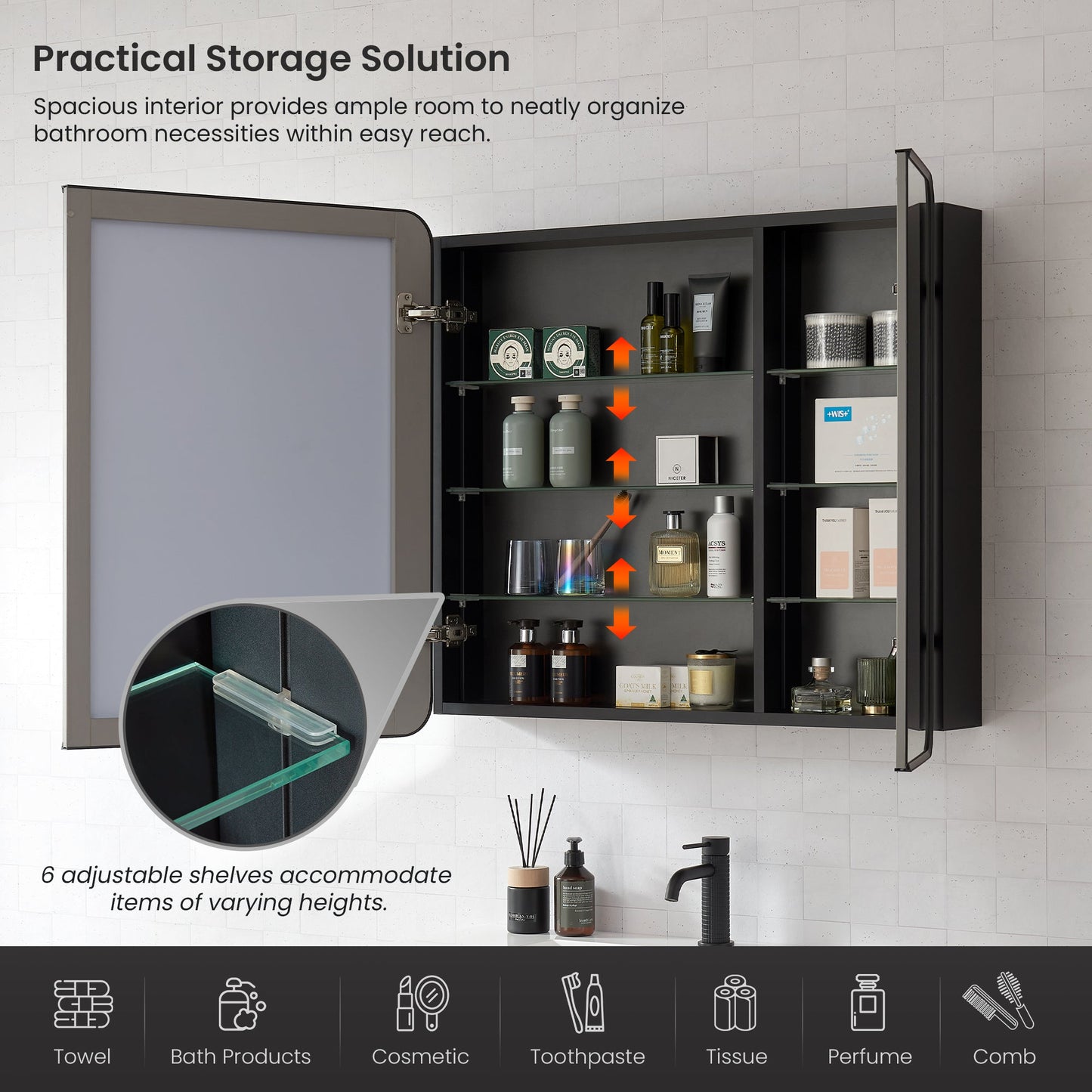 Vinnova, Talayuela 36 in. W x 32 in. H Rectangular Aluminum Framed Medicine Cabinet in Brushed Black