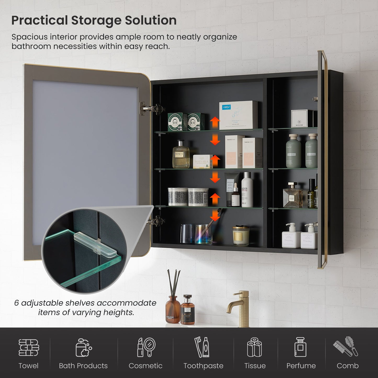 Vinnova, Talayuela 36 in. W x 32 in. H Rectangular Aluminum Framed Medicine Cabinet in Brushed Gold