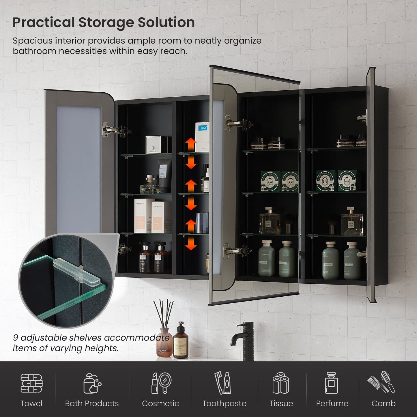 Vinnova, Talayuela 48 in. W x 32 in. H Rectangular Aluminum Framed Medicine Cabinet in Brushed Black