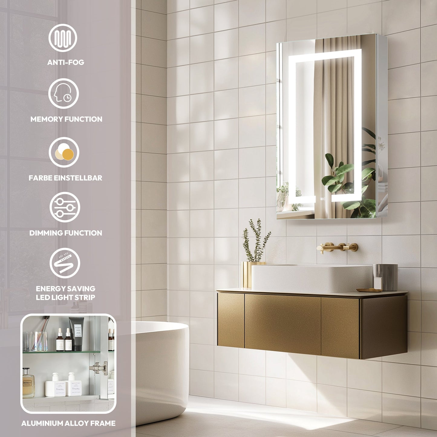 Vinnova, Santona 20 in. W x 32 in. H Rectangular Medicine Cabinet with Aluminum Frameless LED Mirror