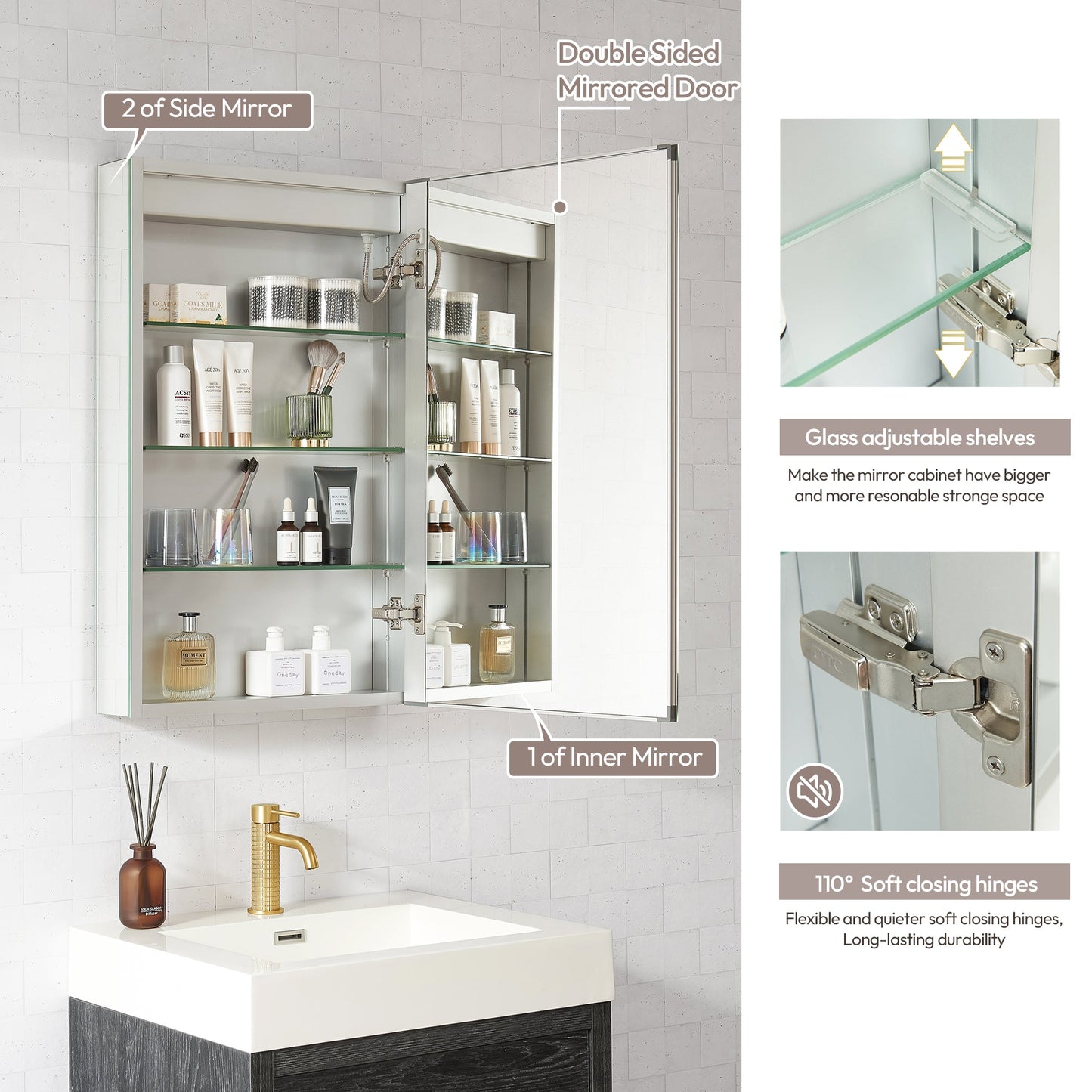 Vinnova, Santona 20 in. W x 32 in. H Rectangular Medicine Cabinet with Aluminum Frameless LED Mirror