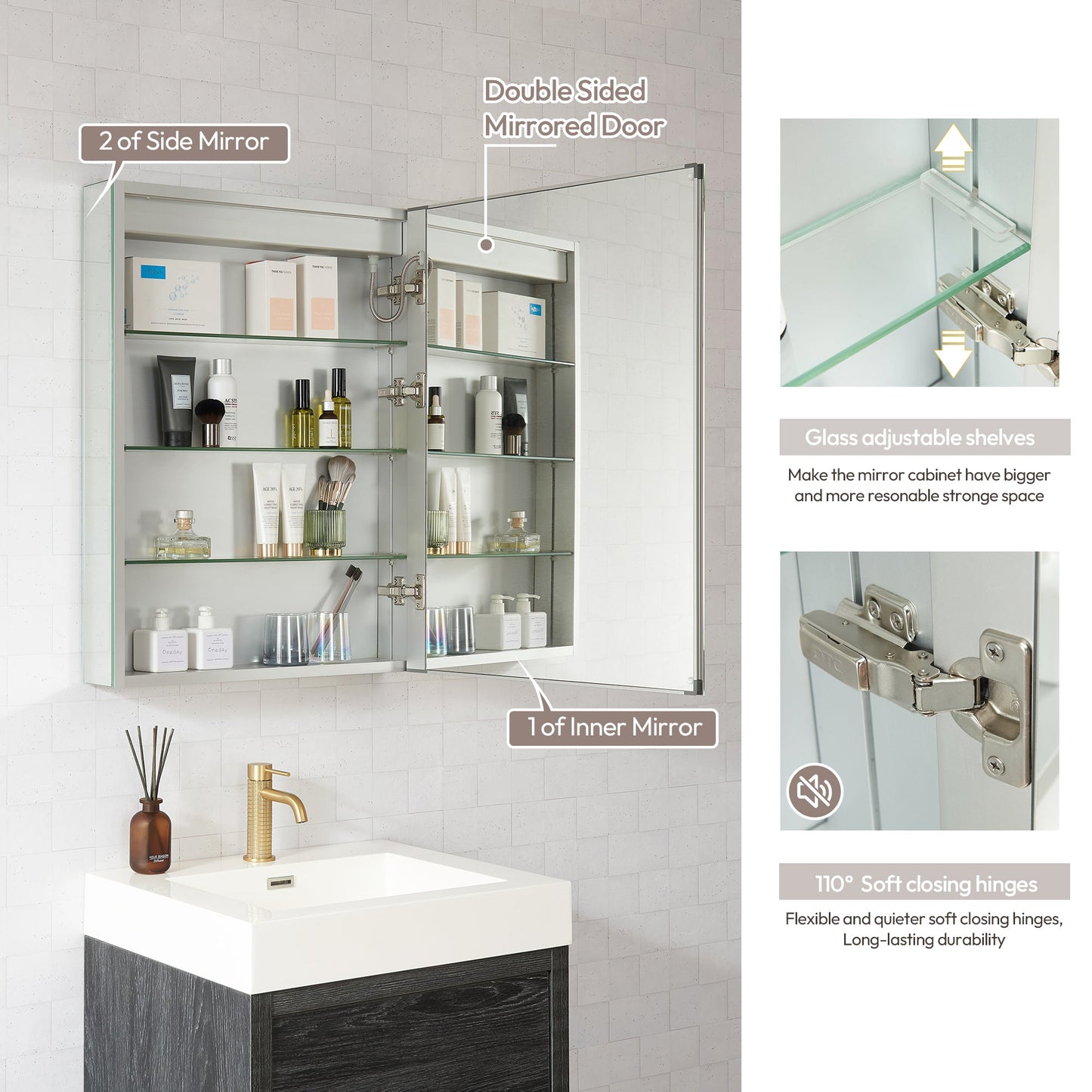 Vinnova, Santona 24 in. W x 32 in. H Rectangular Medicine Cabinet with Aluminum Frameless LED Mirror