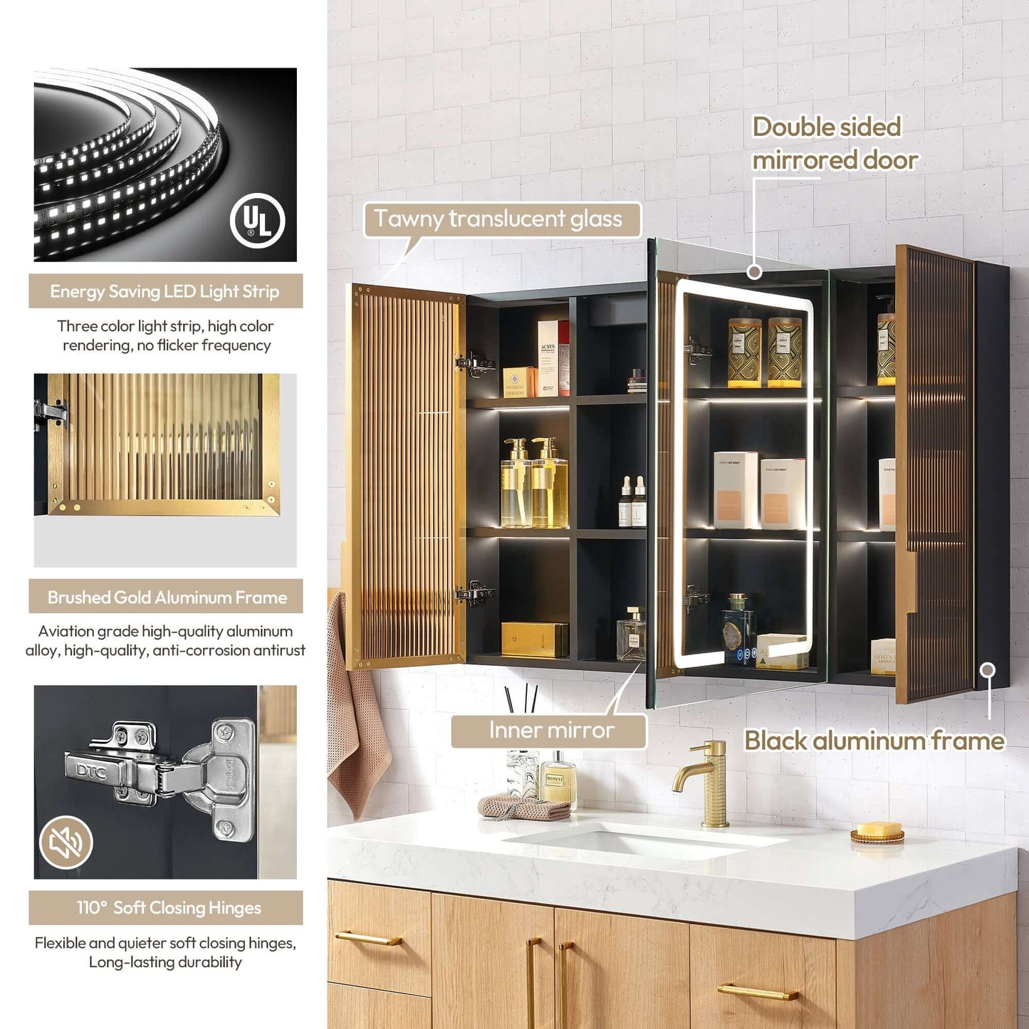 Vinnova, Cervia 47.2 in. W x 29.5 in. H Rectangular Medicine Cabinet with Aluminum Frameless LED Mirror