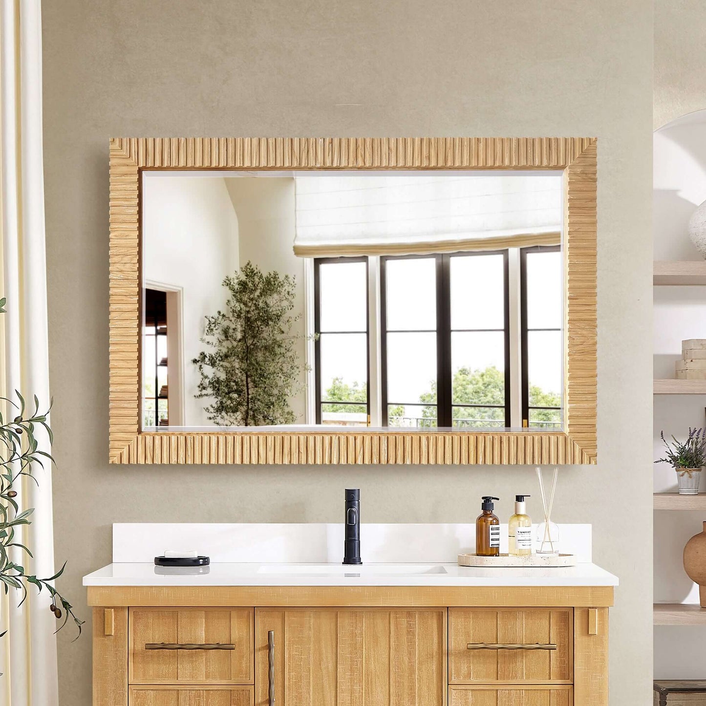 Vinnova, Osaka 48 in. W x 31.9 in. H Rectangle Wood Framed Wall Mount Bathroom Vanity Art Mirror in Washed Ash Grey