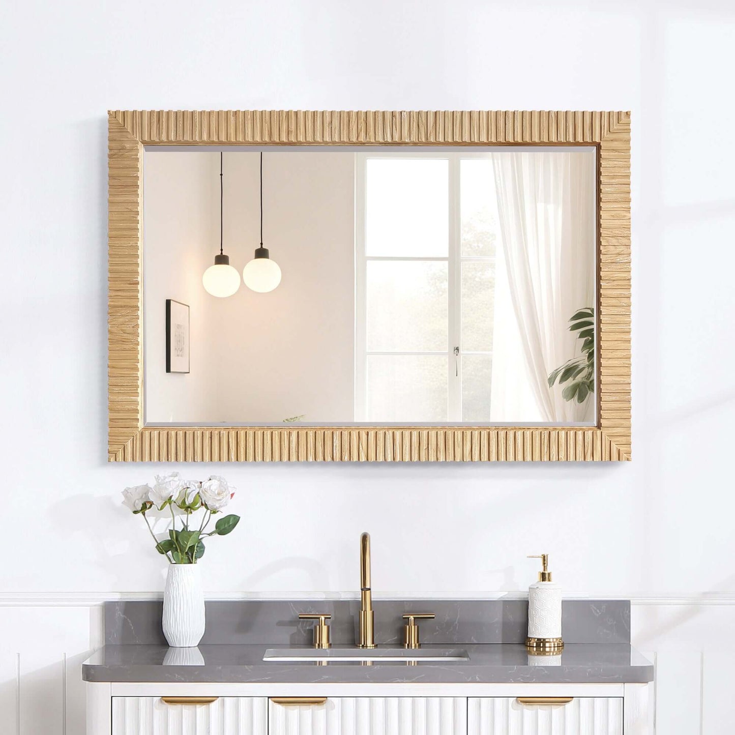 Vinnova, Osaka 48 in. W x 31.9 in. H Rectangle Wood Framed Wall Mount Bathroom Vanity Art Mirror in Washed Ash Grey