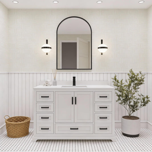 Ayna Decors Maya 42 Inch White Bathroom Vanity with Quartz Countertop with Matte Black Hardware