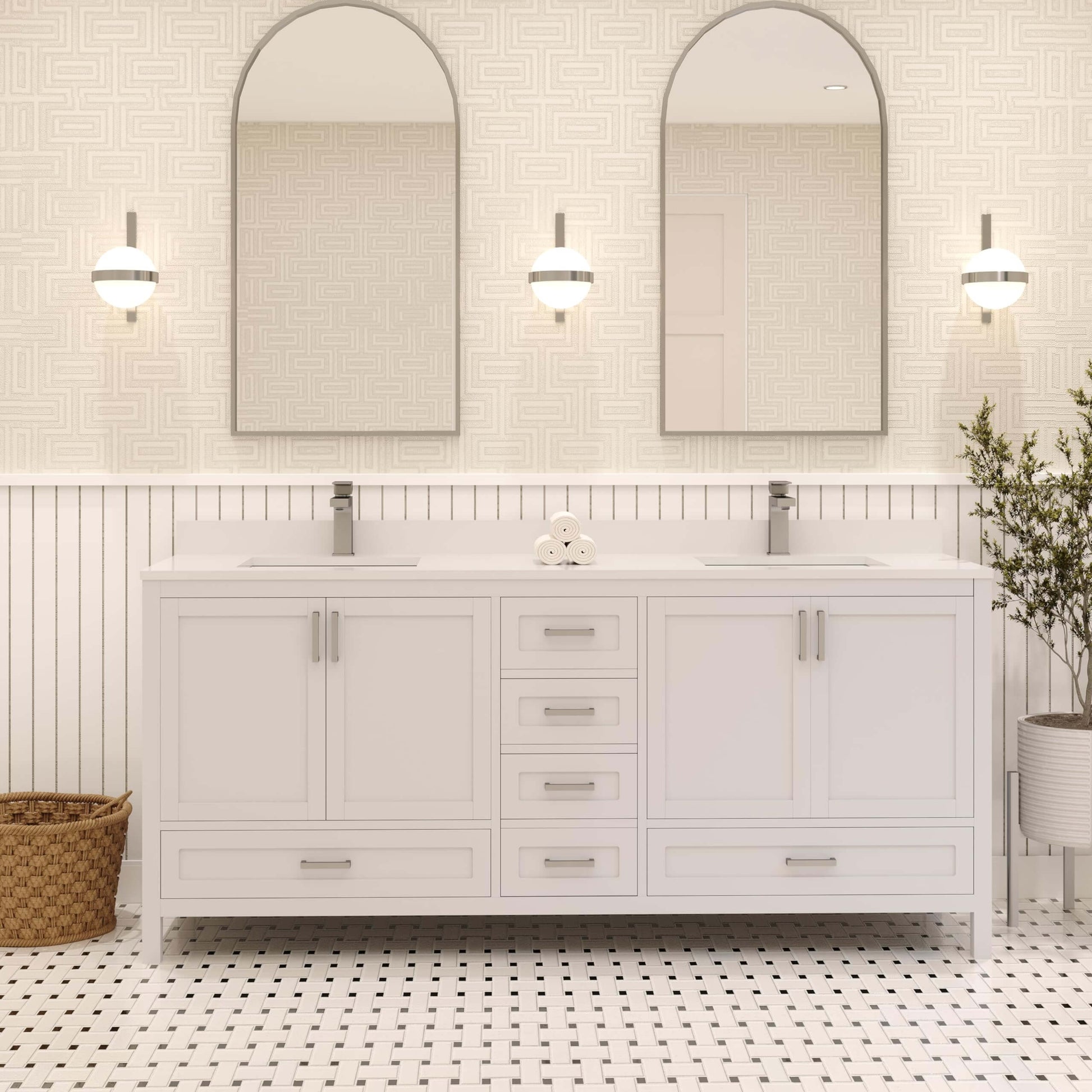 Ayna Decors Rooh 72 Inch White Bathroom Vanity Cabinet (Base Only) with Brushed Nickel Hardware