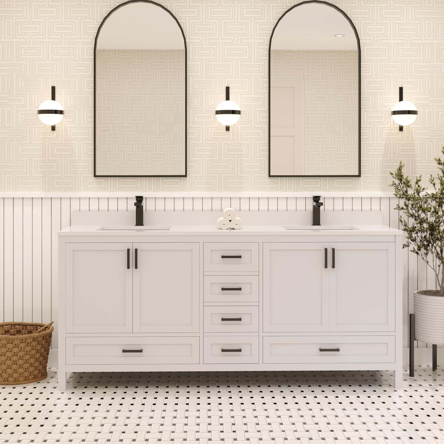 Ayna Decors Rooh 72 Inch White Bathroom Vanity with Quartz Countertop with Matte Black Hardware