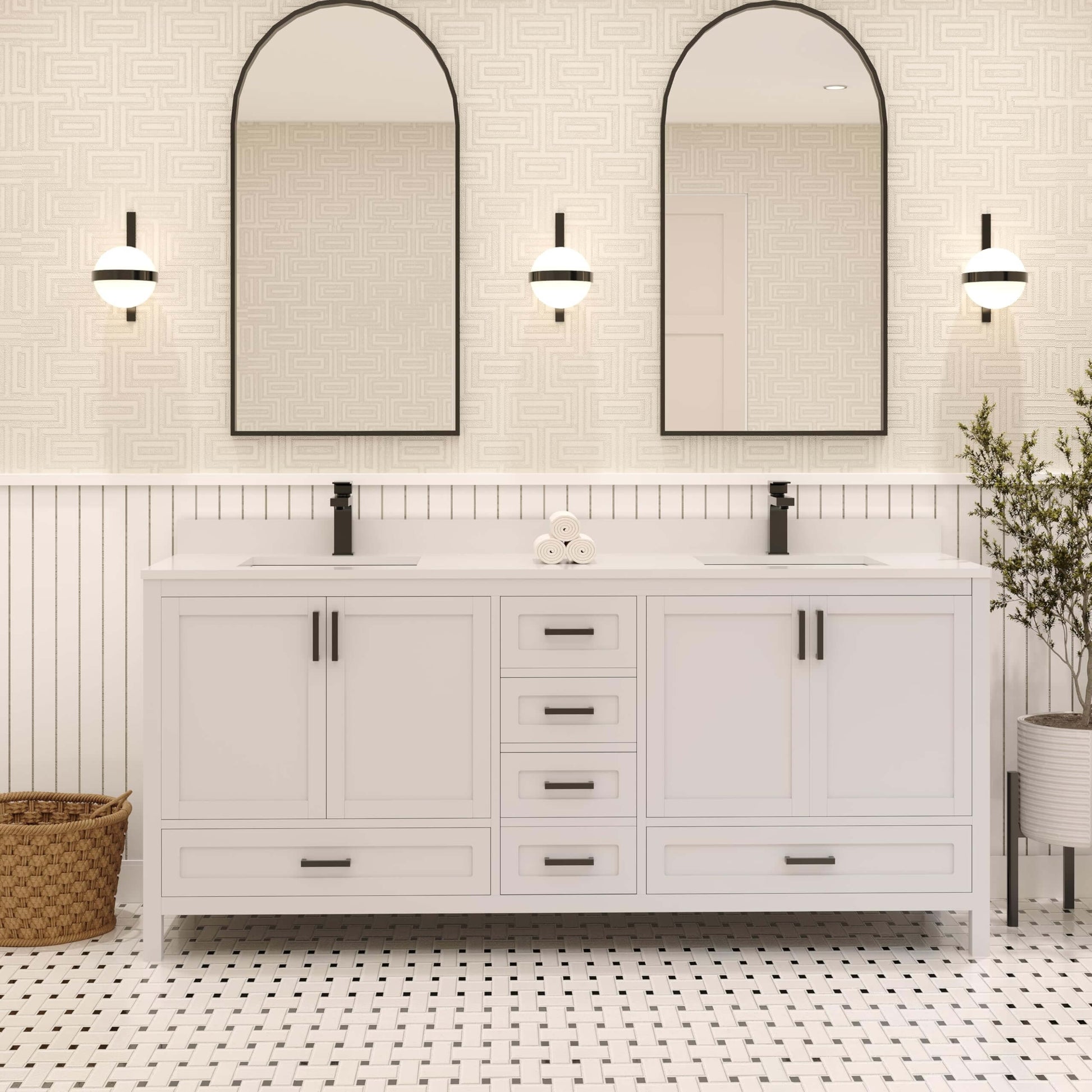 Ayna Decors Rooh 72 Inch White Bathroom Vanity with Quartz Countertop with Matte Black Hardware