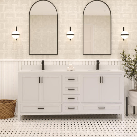 Ayna Decors Rooh 72 Inch White Bathroom Vanity with Quartz Countertop with Matte Black Hardware