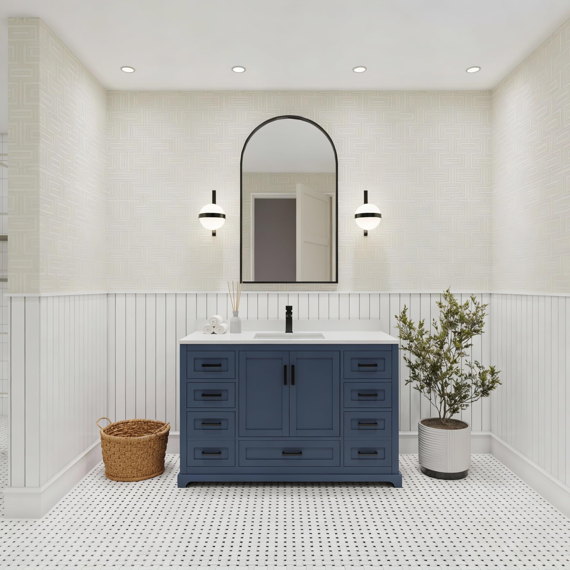 Ayna Decors Maya 42 Inch Navy Blue Bathroom Vanity with Quartz Countertop with Matte Black Hardware