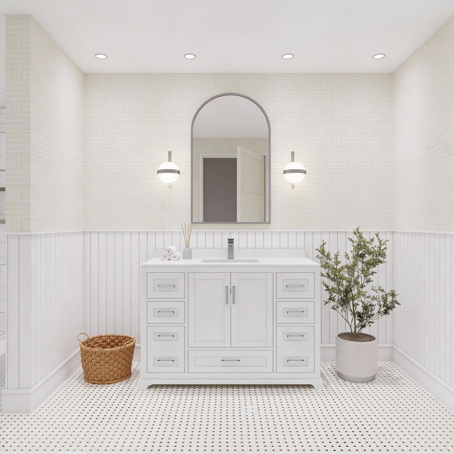 Ayna Decors Maya 42 Inch White Bathroom Vanity Cabinet (Base Only) with Brushed Nickel Hardware