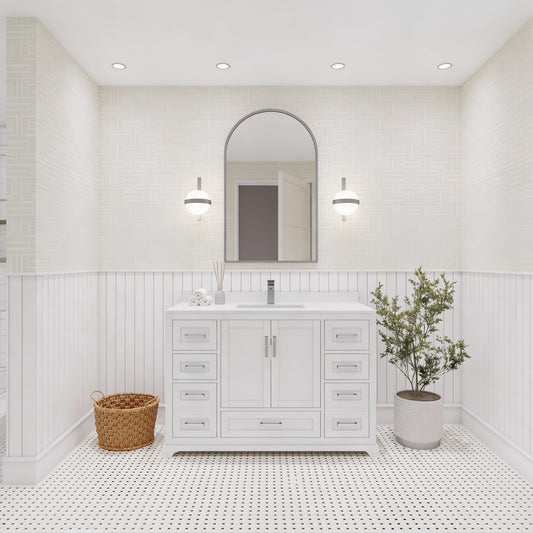 Ayna Decors Maya 42 Inch White Bathroom Vanity Cabinet (Base Only) with Brushed Nickel Hardware