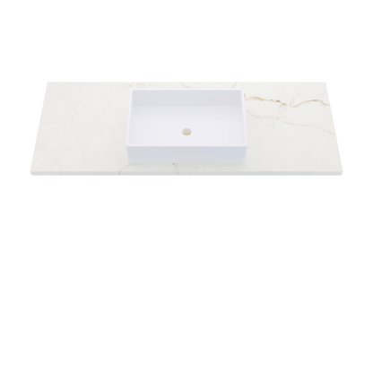 55" Vanderloc Silestone® Quartz Bathroom Vanity Top | Single Vigo Sink | Centered in Blanc Elysee