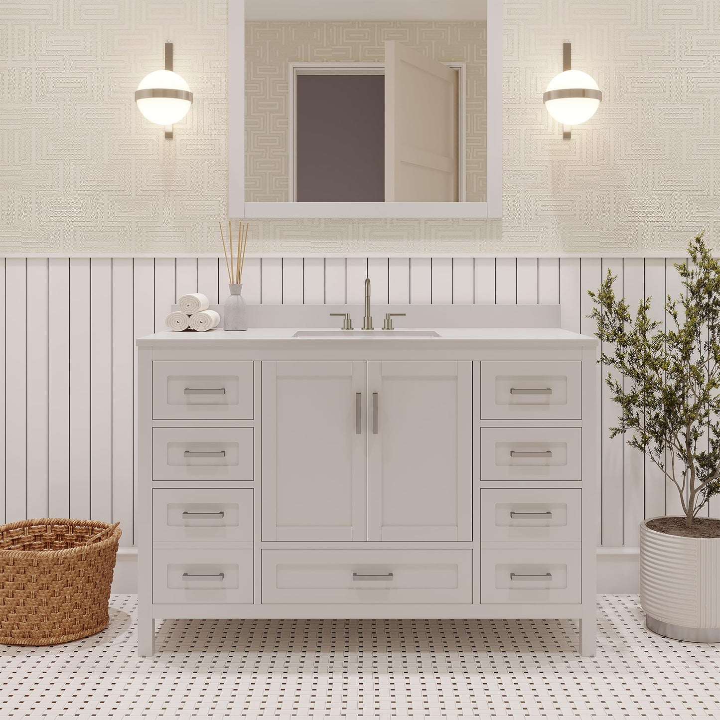 Ayna Decors Rooh 48 Inch White Bath Vanity with Pure White Quartz Countertop