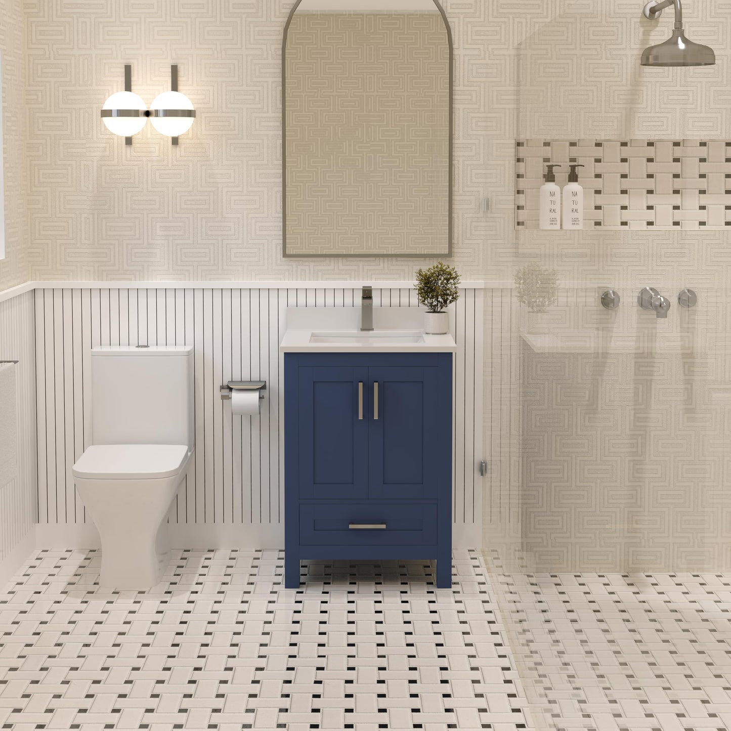 Ayna Decors Rooh 24 Inch Navy Blue Bath Vanity with Pure White Quartz Countertop