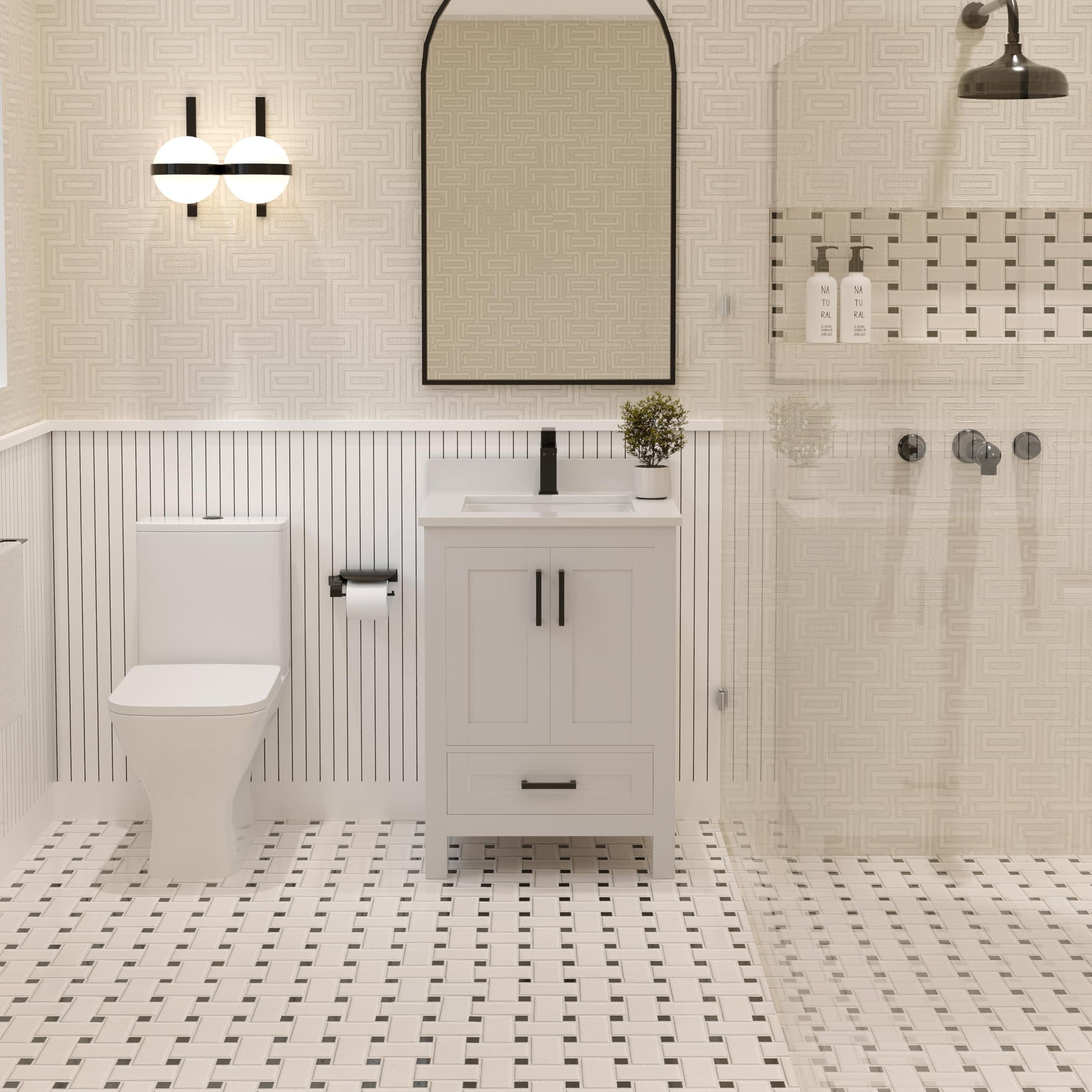 Ayna Decors Rooh 24 Inch White Bathroom Vanity with Quartz Countertop with Matte Black Hardware