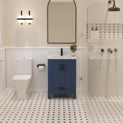 Ayna Decors Rooh 24 Inch Navy Blue Bathroom Vanity with Quartz Countertop with Matte Black Hardware
