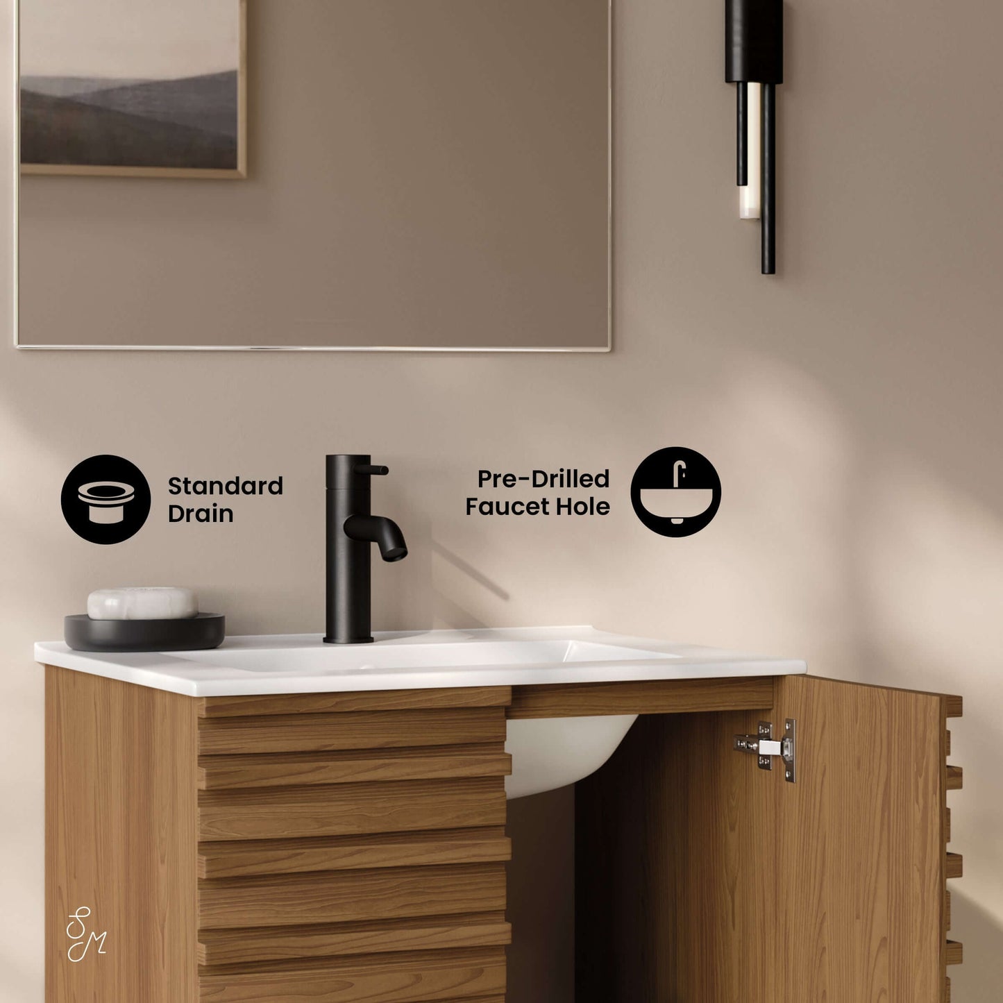 Swiss Madison, Cascade 24" Wall-Mounted Bathroom Vanity in Brown Oak with Sink Top