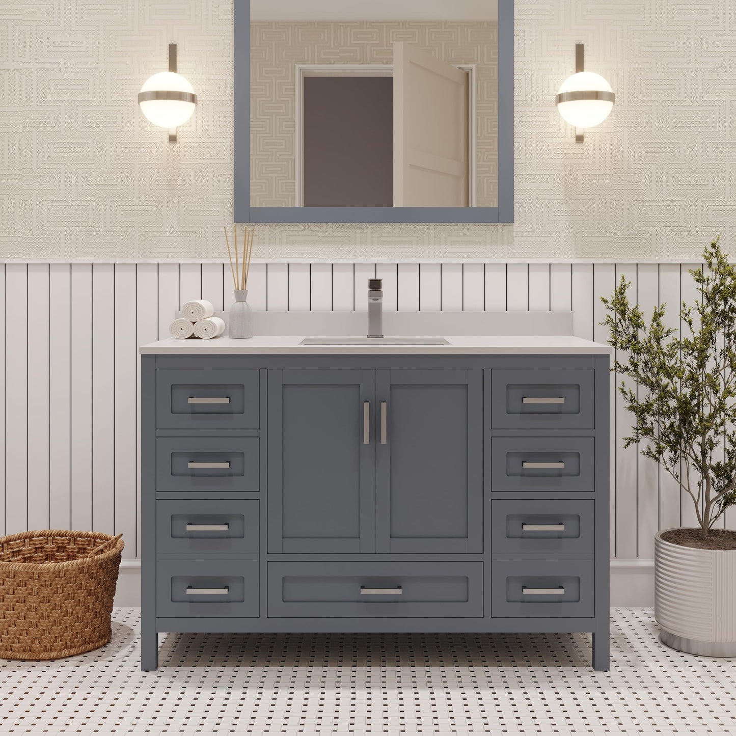 Ayna Decors Rooh 48 Inch Charcoal Grey Bath Vanity with Pure White Quartz Countertop