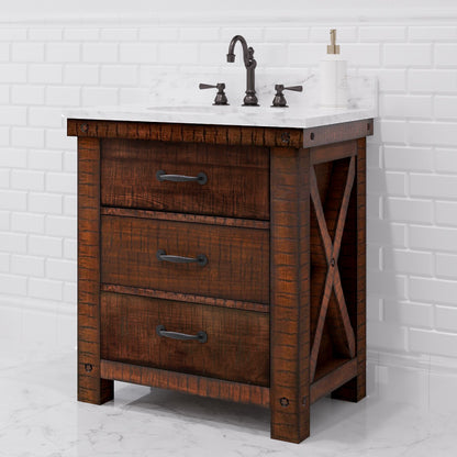 Aberdeen 30 in. Vanity in Rustic Sierra with Marble Vanity Top in White with White Basin | Water Creation