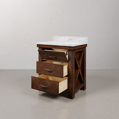 Aberdeen 30 in. Vanity in Rustic Sierra with Marble Vanity Top in White with White Basin | Water Creation