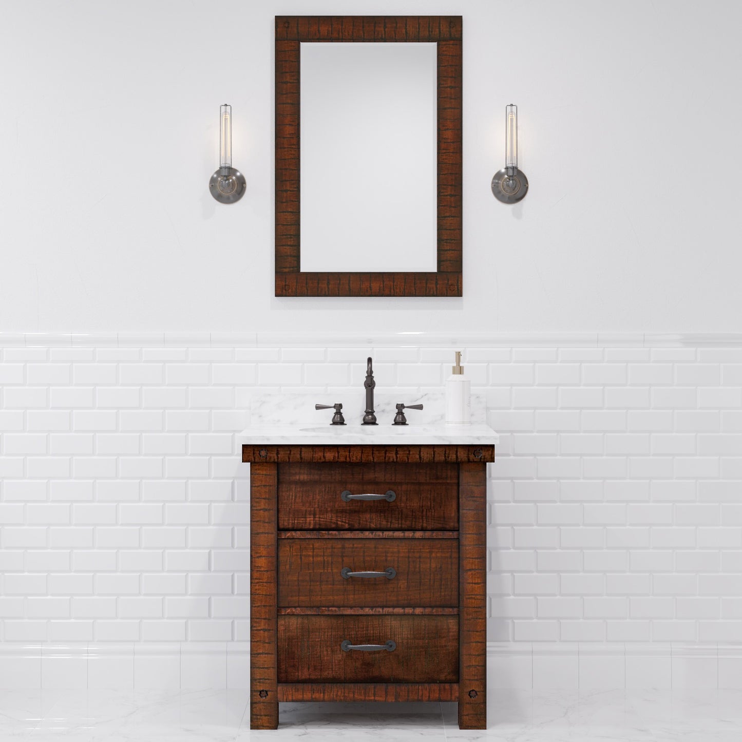 Aberdeen 30 in. Vanity in Rustic Sierra with Marble Vanity Top in White with White Basin | Water Creation