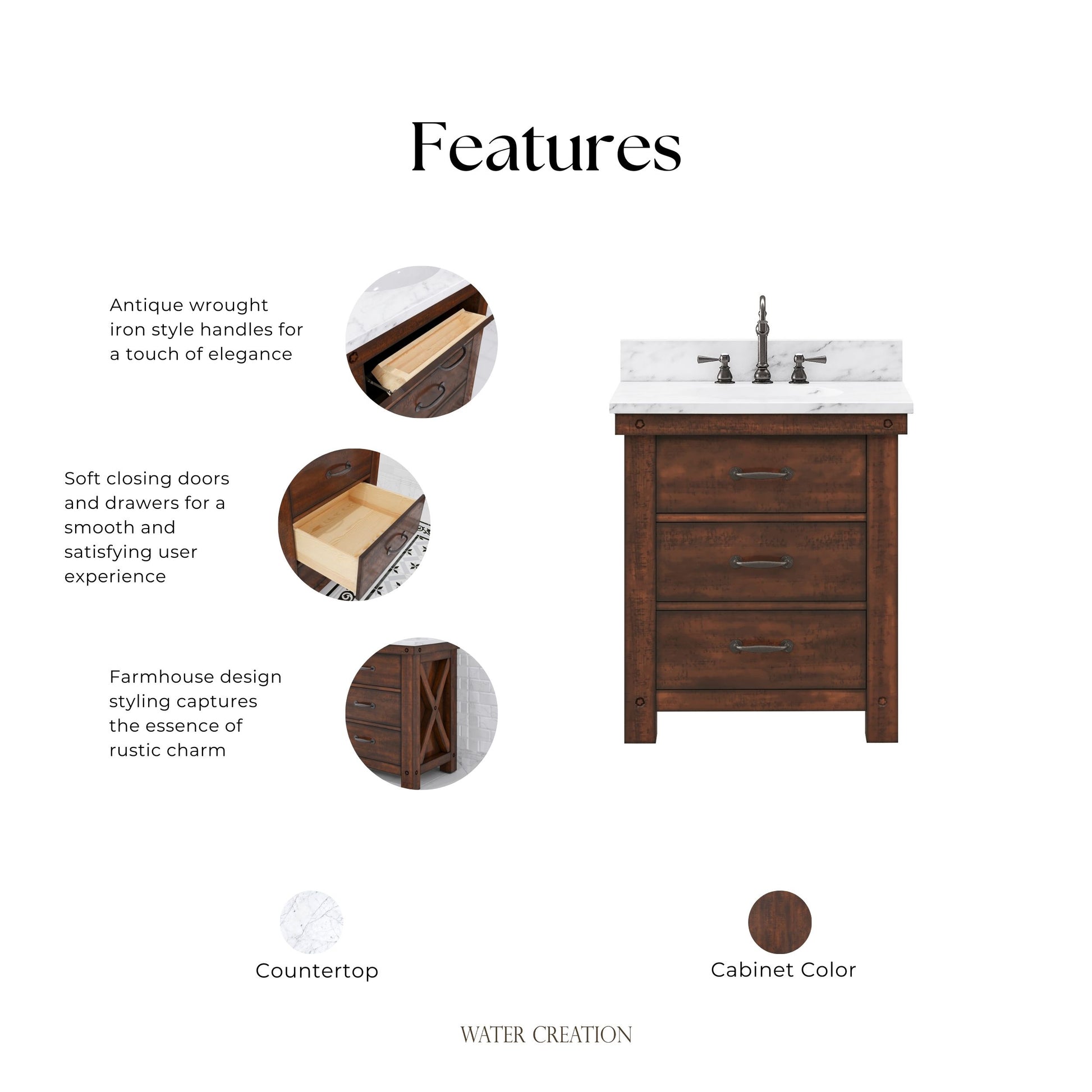 Aberdeen 30 in. Vanity in Rustic Sierra with Marble Vanity Top in White with White Basin | Water Creation