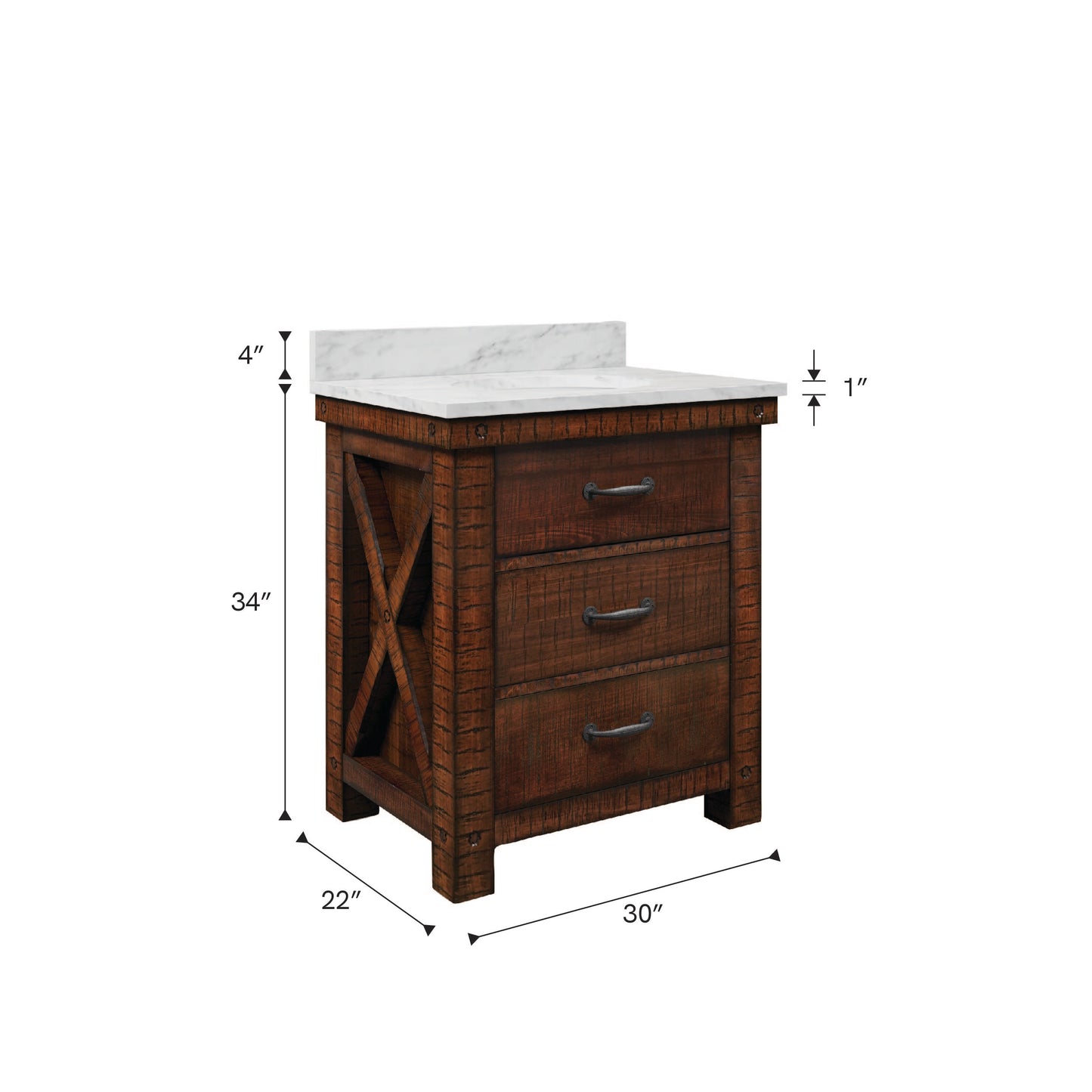 Aberdeen 30 in. Vanity in Rustic Sierra with Marble Vanity Top in White with White Basin | Water Creation