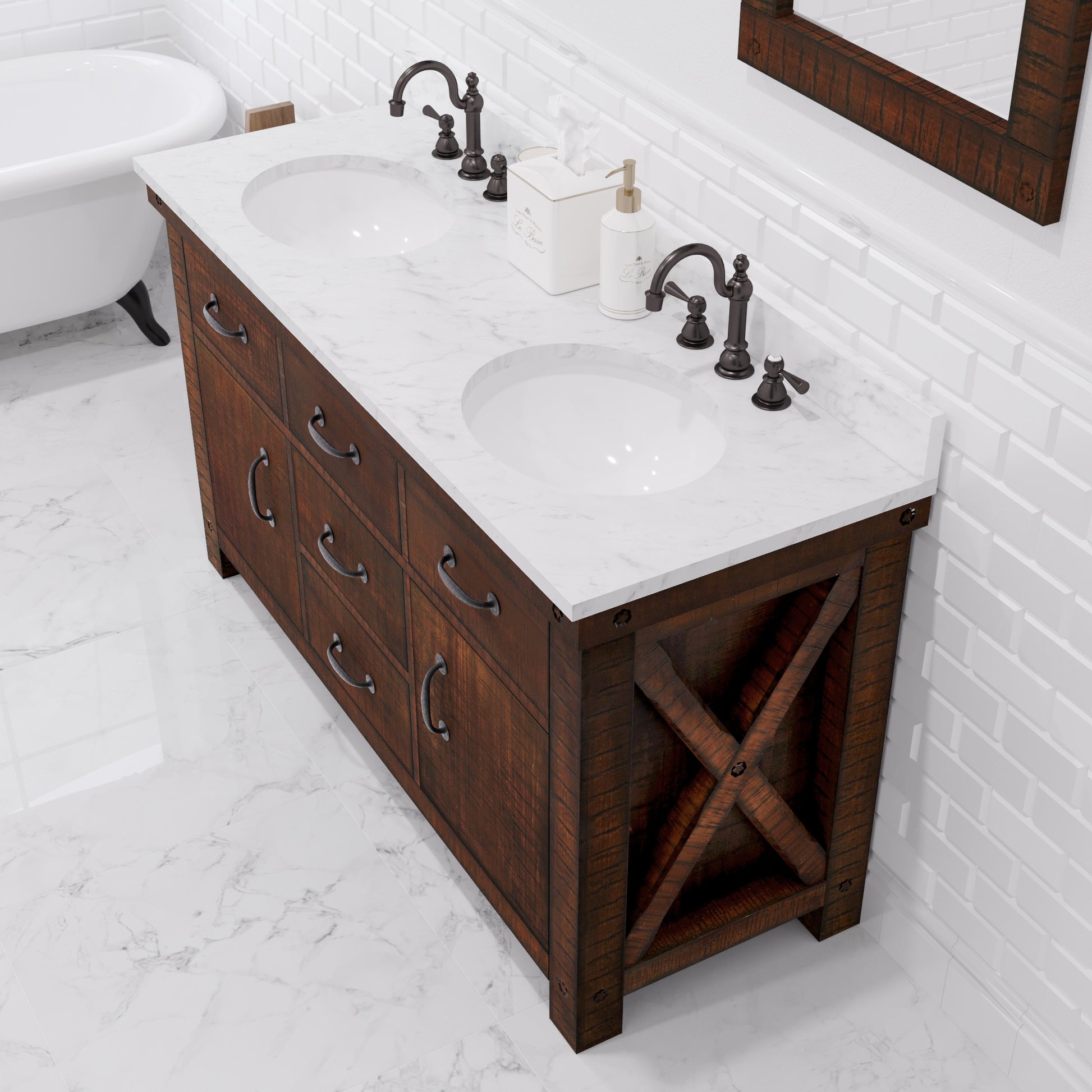 Aberdeen 60 in. Vanity in Rustic Sierra with Marble Vanity Top in White with White Basin | Water Creation