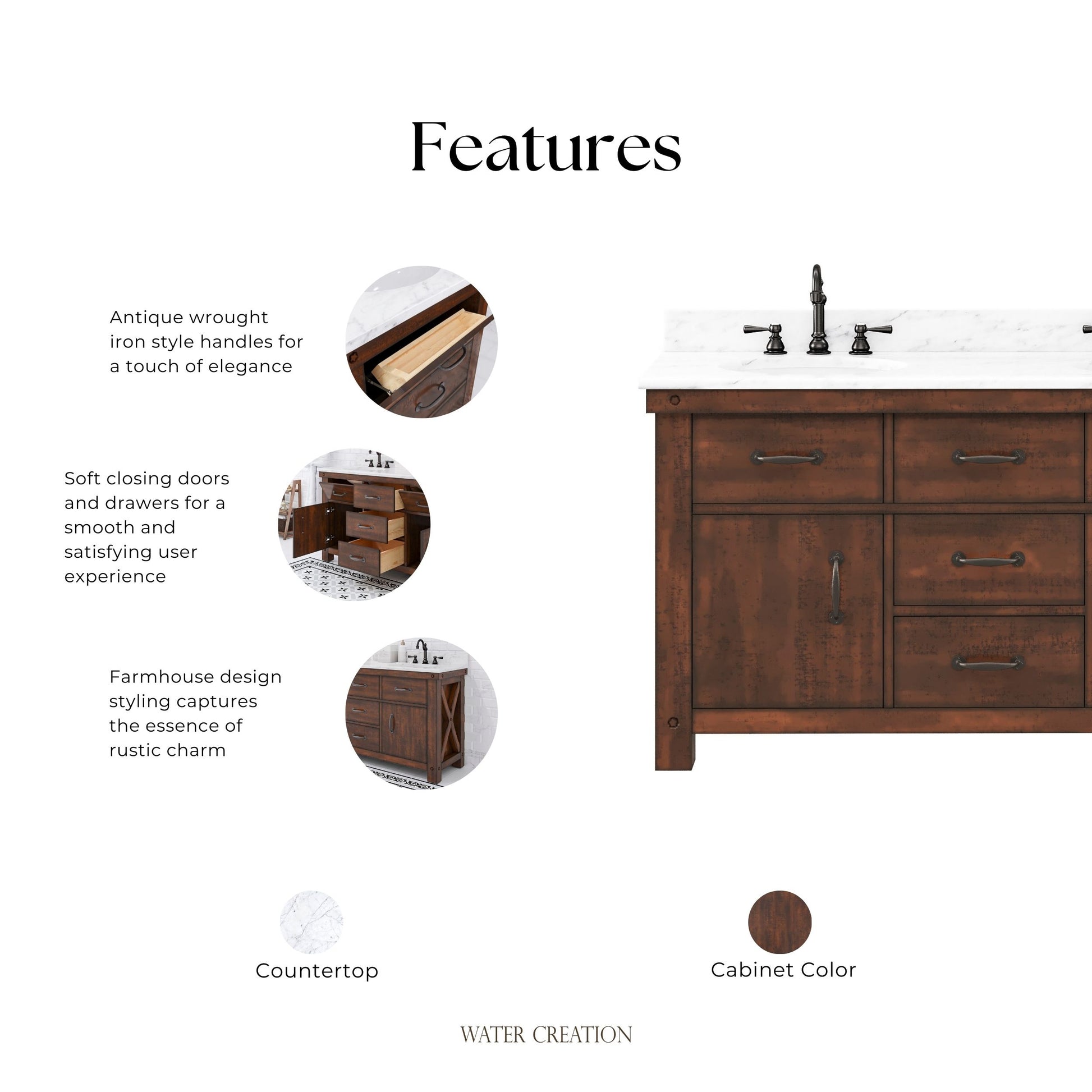 Aberdeen 60 in. Vanity in Rustic Sierra with Marble Vanity Top in White with White Basin | Water Creation