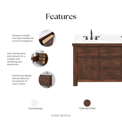 Aberdeen 60 in. Vanity in Rustic Sierra with Marble Vanity Top in White with White Basin | Water Creation
