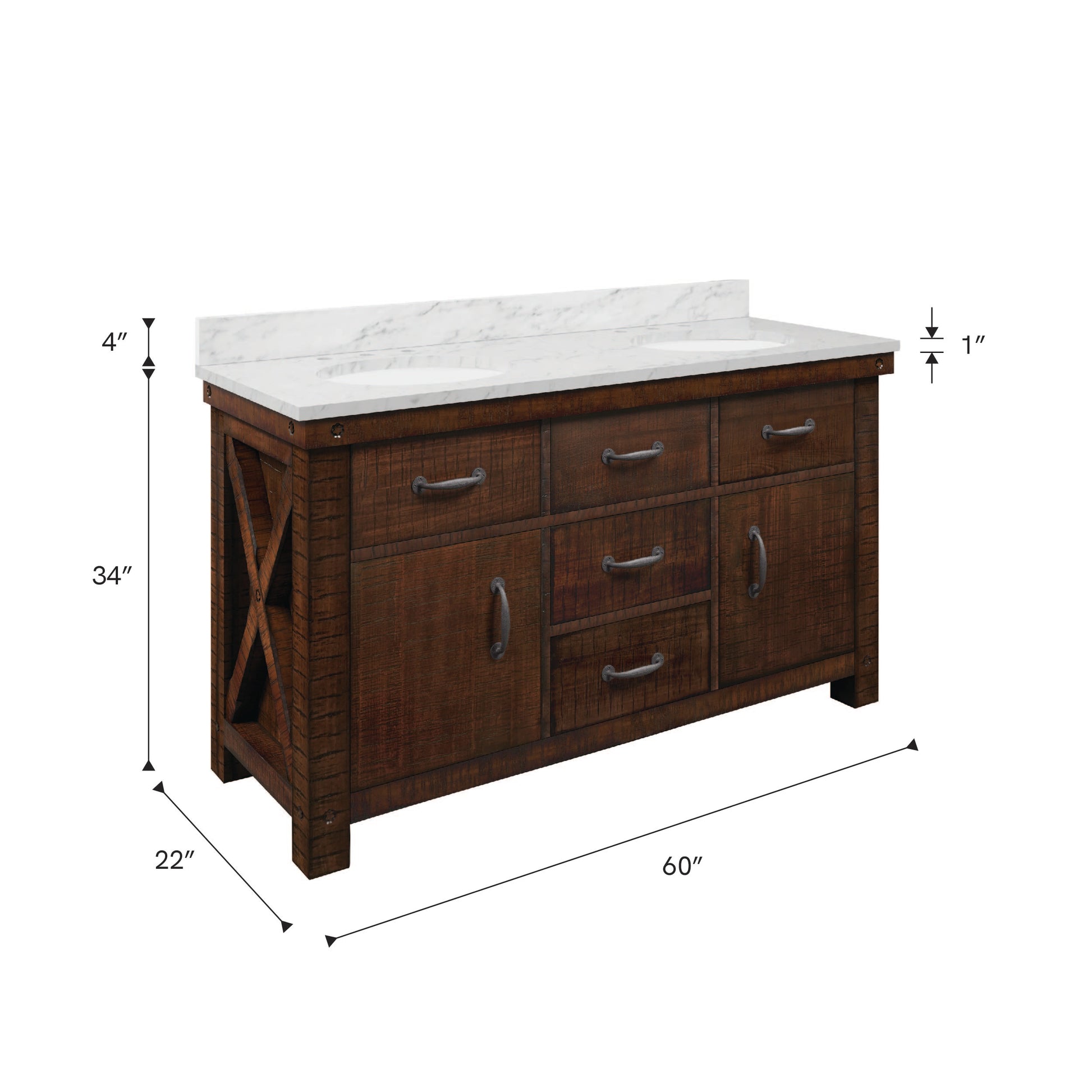 Aberdeen 60 in. Vanity in Rustic Sierra with Marble Vanity Top in White with White Basin | Water Creation