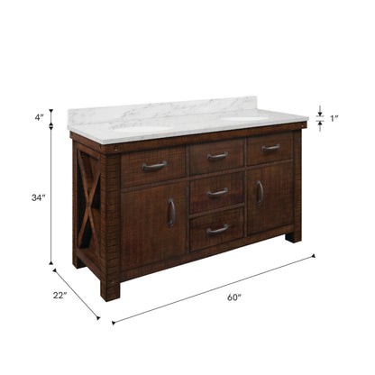 Aberdeen 60 in. Vanity in Rustic Sierra with Marble Vanity Top in White with White Basin | Water Creation